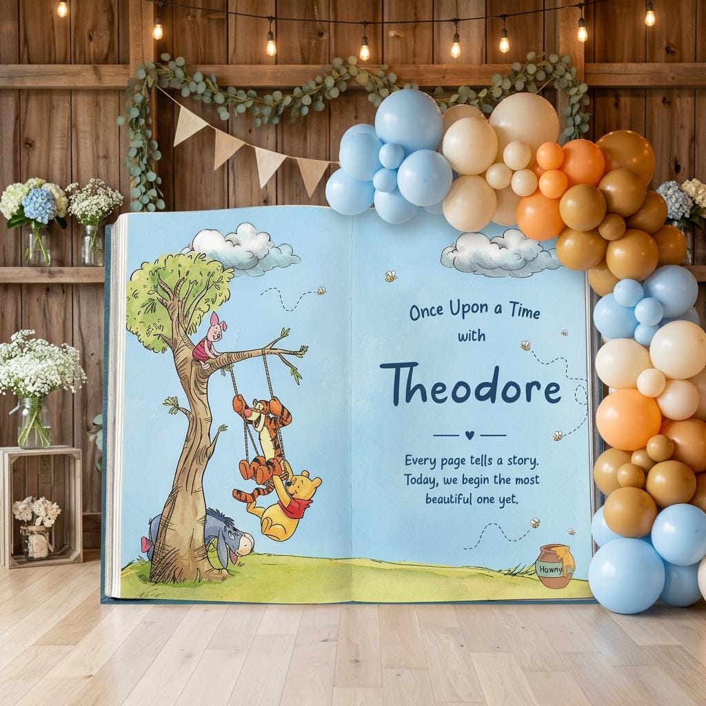 Honey Bear Blue Backdrop (Tree Page), Storybook, Open Book, First Birthday Decor, Welcome Sign, Baby Boy, Fairytale, Baby Shower