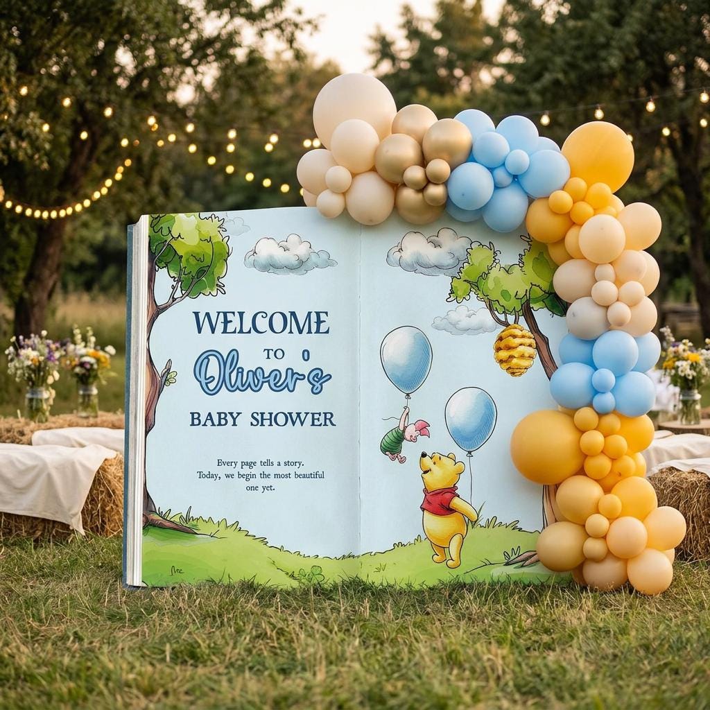 Honey Bear Backdrop (Green Balloon Page), Storybook, Open Book, First Birthday Decor, Welcome Sign, New Baby, Bear Baby Shower, Baby Announcement Sign