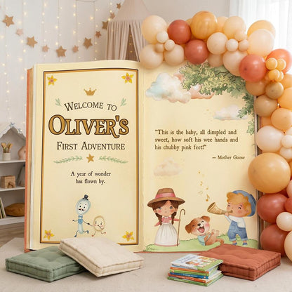 Nursery Rhymes 1st Birthday Backdrop, Storybook, Open Book, Welcome Sign, Fairytale, Mother Goose Baby Shower, Gender Neutral