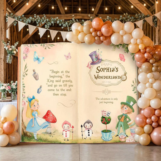 Alice in Wonderland Baby Shower Backdrop — custom party decor, printed and cut to shape