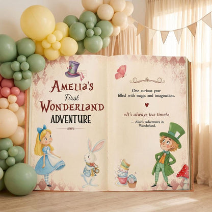 Alice in Wonderland First Birthday Backdrop, Storybook, Welcome Sign, Fairytale, Baby Girl, Whimsical Mad Tea Party Decor, Baby Shower
