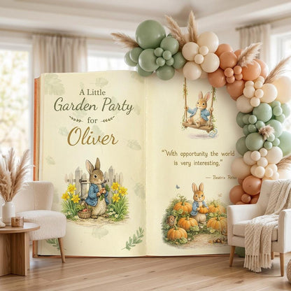 Garden Bunny 1st Birthday Backdrop, Storybook, Open Book, First Birthday Decor, Welcome Sign, Storybook, Bunny Baby Shower