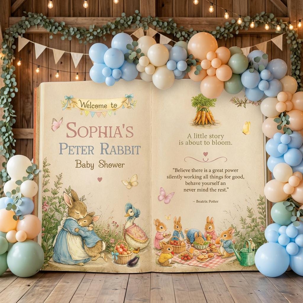 Garden Bunny Baby Shower Backdrop, Storybook, Open Book, First Birthday Decor, Welcome Sign, Storybook, Bunny Baby Shower