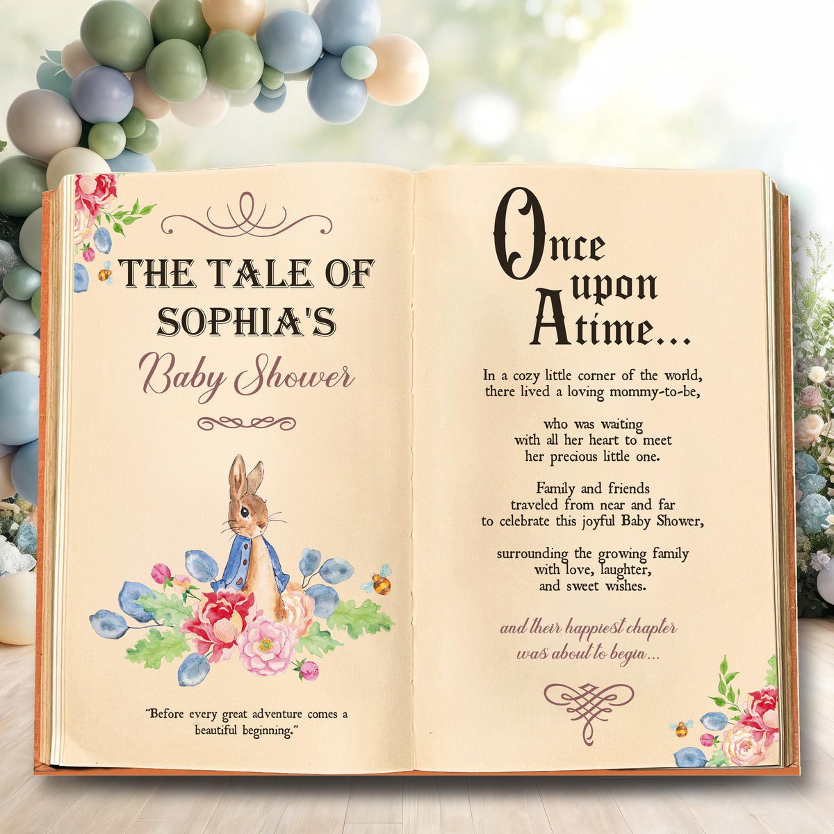 Once Upon A Time Garden Bunny 1st Birthday Backdrop, Storybook, Open Book, Welcome Sign, Storybook, Bunny Baby Shower