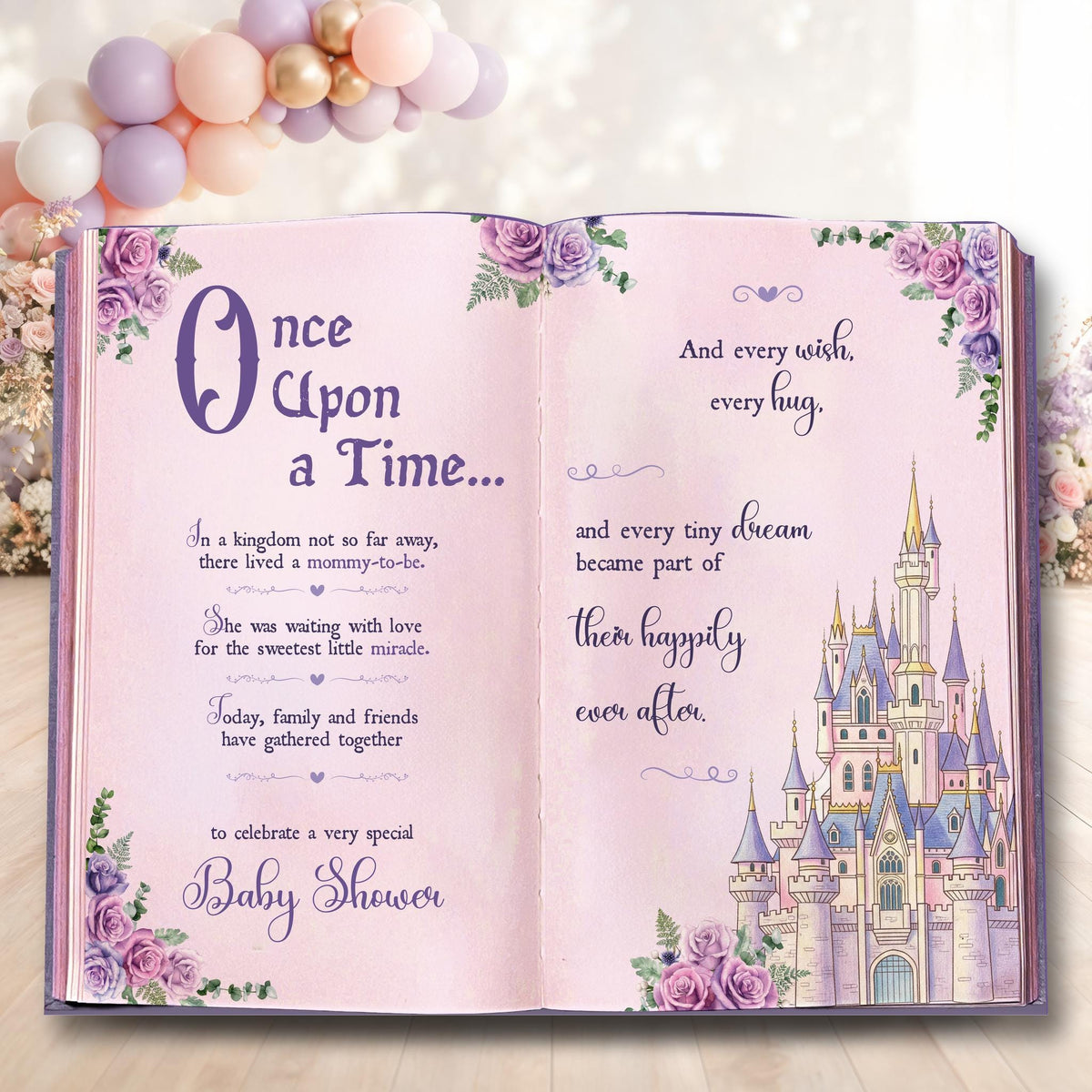 Once Upon A Time Book Backdrop (Purple Castle Book), Princess Castle, Storybook, First Birthday Decor, Welcome Sign, Fairytale Baby Shower