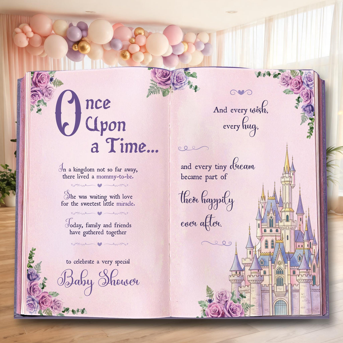 Once Upon A Time Book Backdrop (Purple Castle Book), Princess Castle, Storybook, First Birthday Decor, Welcome Sign, Fairytale Baby Shower