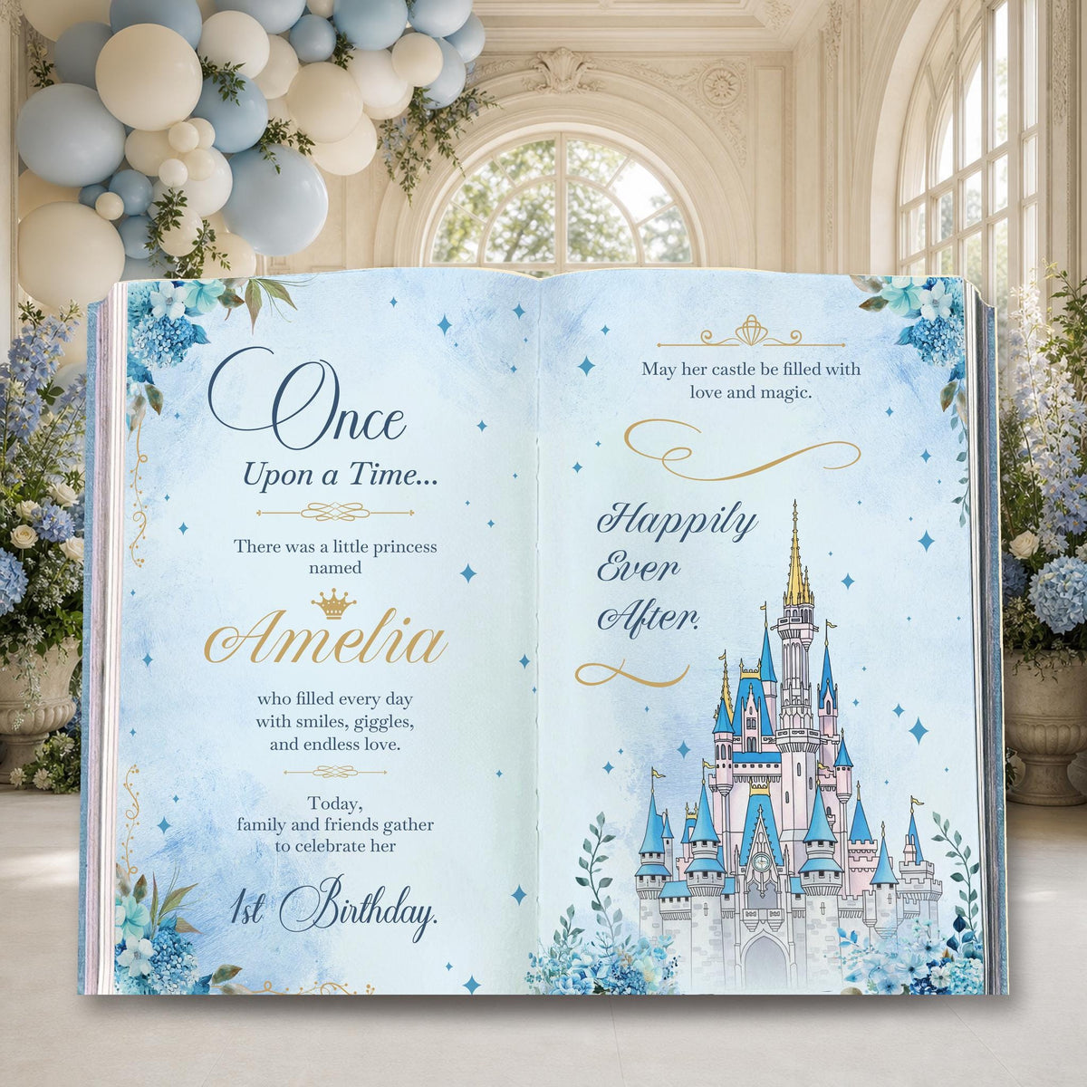 Once Upon A Time Book Backdrop (Blue Castle Book), Princess Castle, Storybook, First Birthday Decor, Welcome Sign, Fairytale Baby Shower, Happily Ever After