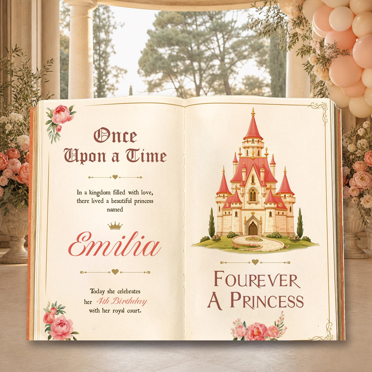 Fourever A Princess Book Backdrop (Rose Castle), Castle, Storybook, 4th Birthday Decor, Welcome Sign, Fairytale, Happily Ever After, Once Upon A Time