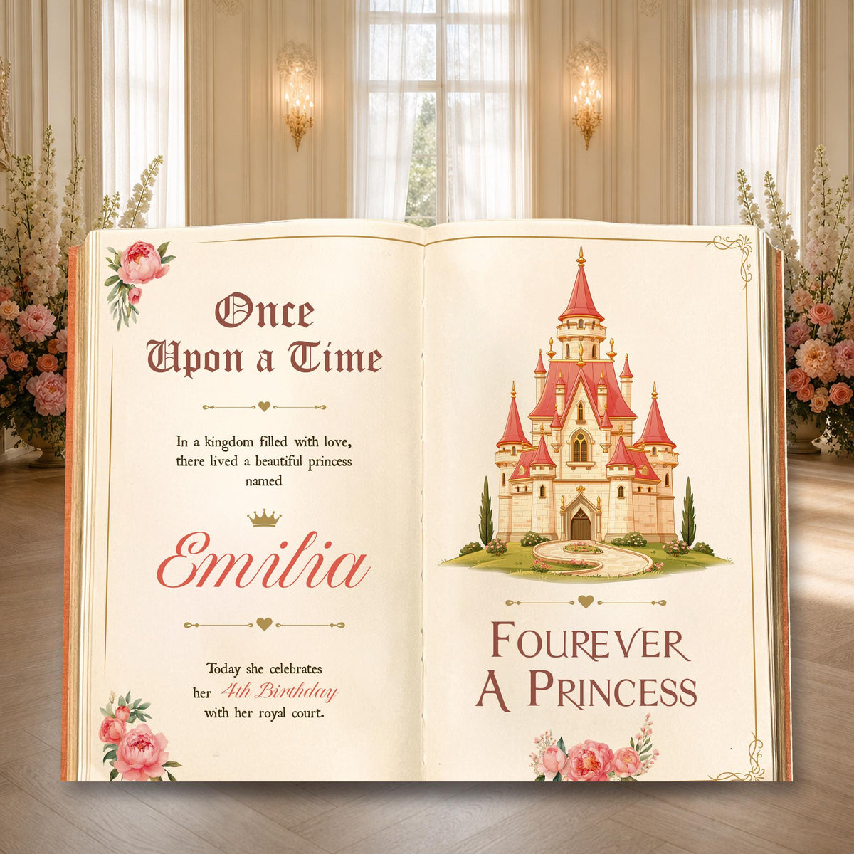 Fourever A Princess Book Backdrop (Rose Castle), Castle, Storybook, 4th Birthday Decor, Welcome Sign, Fairytale, Happily Ever After, Once Upon A Time