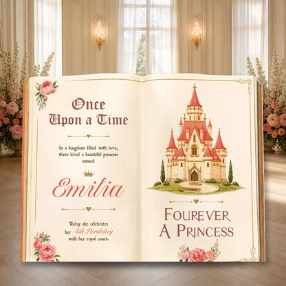 Fourever A Princess Book Backdrop (Rose Castle), Castle, Storybook, 4th Birthday Decor, Welcome Sign, Fairytale, Happily Ever After, Once Upon A Time