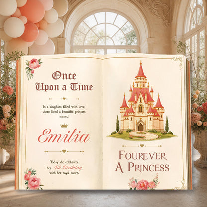 Fourever A Princess Book Backdrop (Rose Castle), Castle, Storybook, 4th Birthday Decor, Welcome Sign, Fairytale, Happily Ever After, Once Upon A Time