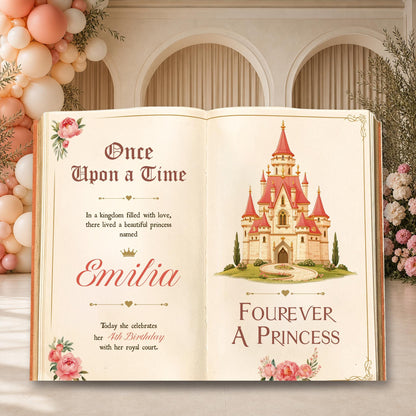 Fourever A Princess Book Backdrop (Rose Castle), Castle, Storybook, 4th Birthday Decor, Welcome Sign, Fairytale, Happily Ever After, Once Upon A Time