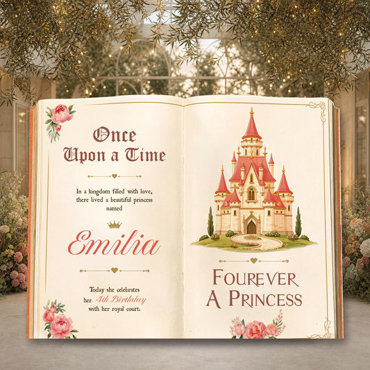 Fourever A Princess Book Backdrop — custom party decor, printed and cut to shape