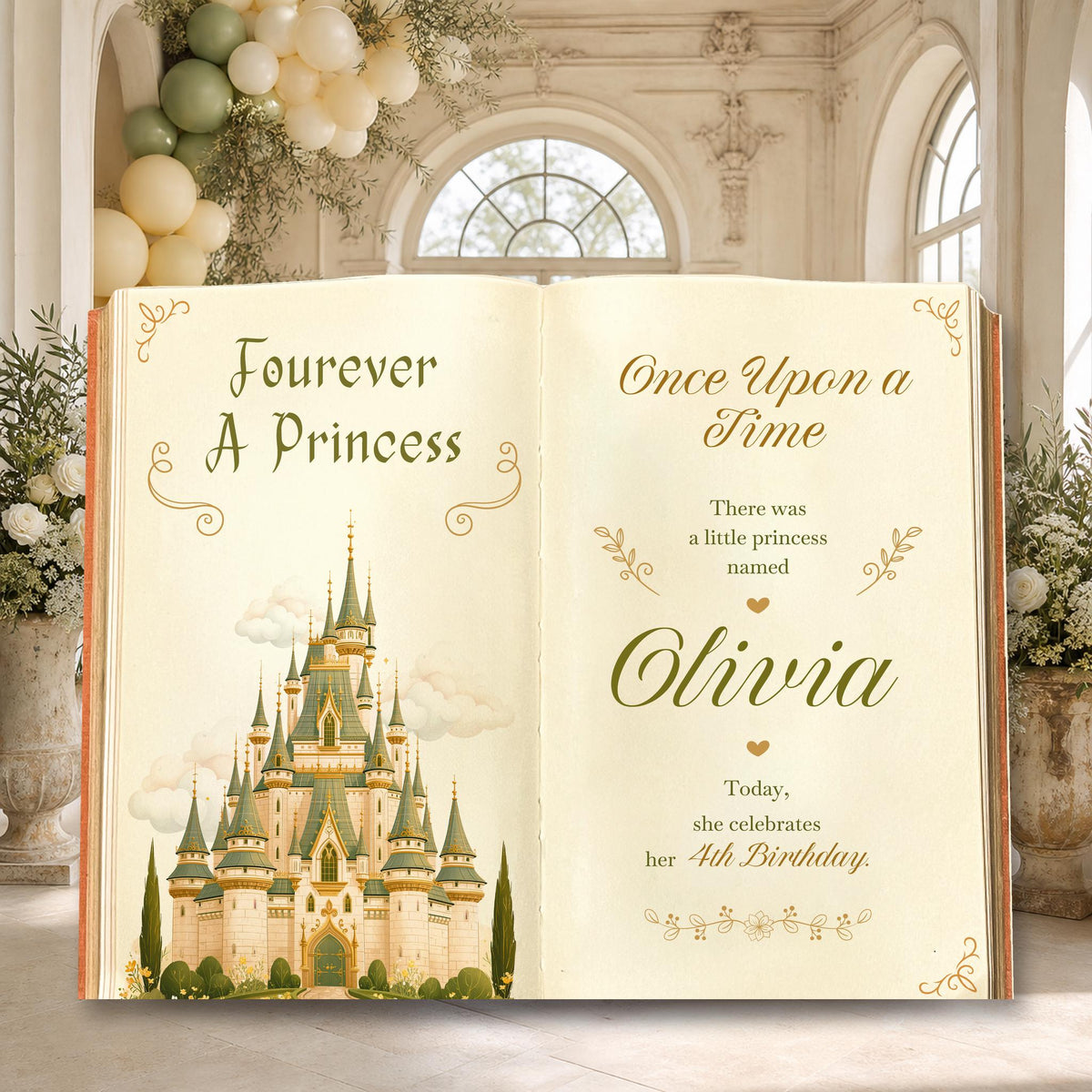 Fourever A Princess Book Backdrop (Sage Castle), Castle, Storybook, 4th Birthday Decor, Welcome Sign, Fairytale, Happily Ever After, Once Upon A Time