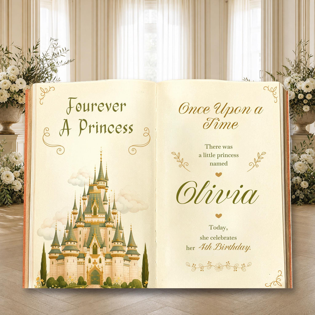 Fourever A Princess Book Backdrop (Sage Castle), Castle, Storybook, 4th Birthday Decor, Welcome Sign, Fairytale, Happily Ever After, Once Upon A Time