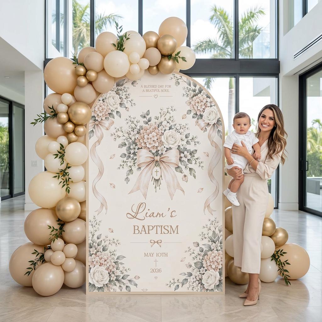 Beige Ribbon Bouquet Baptism Arch