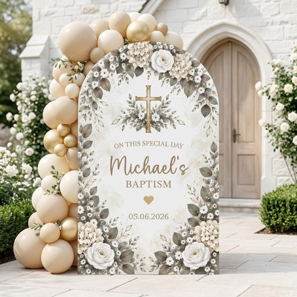 Mauve Hydrangea Gold Cross Baptism Arch