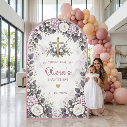 Mauve Hydrangea Gold Cross Baptism Arch