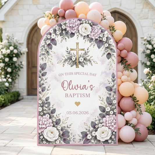 Mauve Hydrangea Gold Cross Baptism Arch