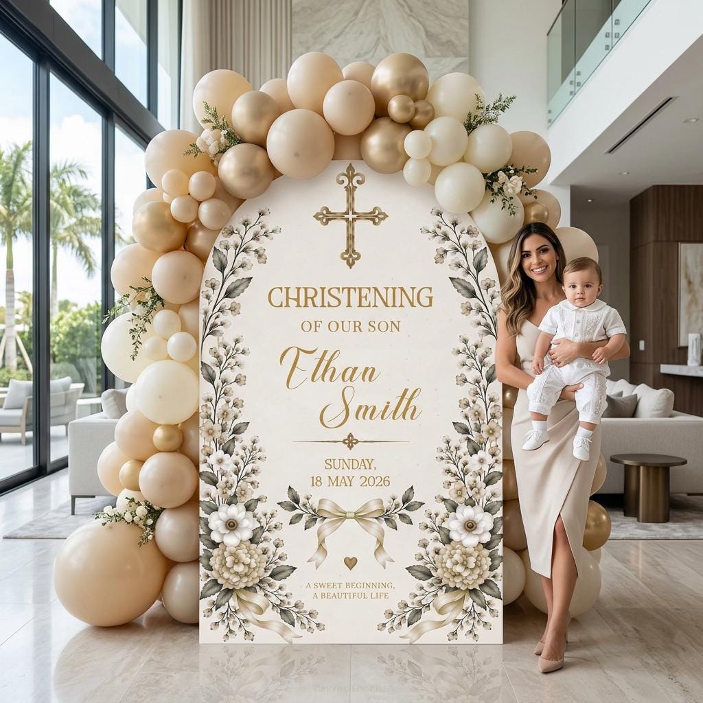 Blue Floral Gold Cross Christening Arch