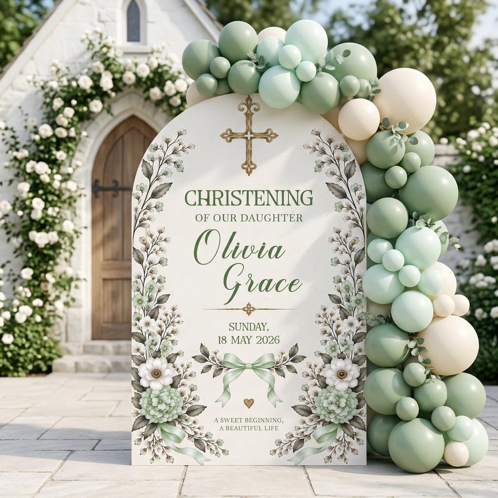Blue Floral Gold Cross Christening Arch