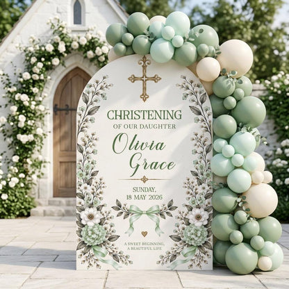 Blue Floral Gold Cross Christening Arch