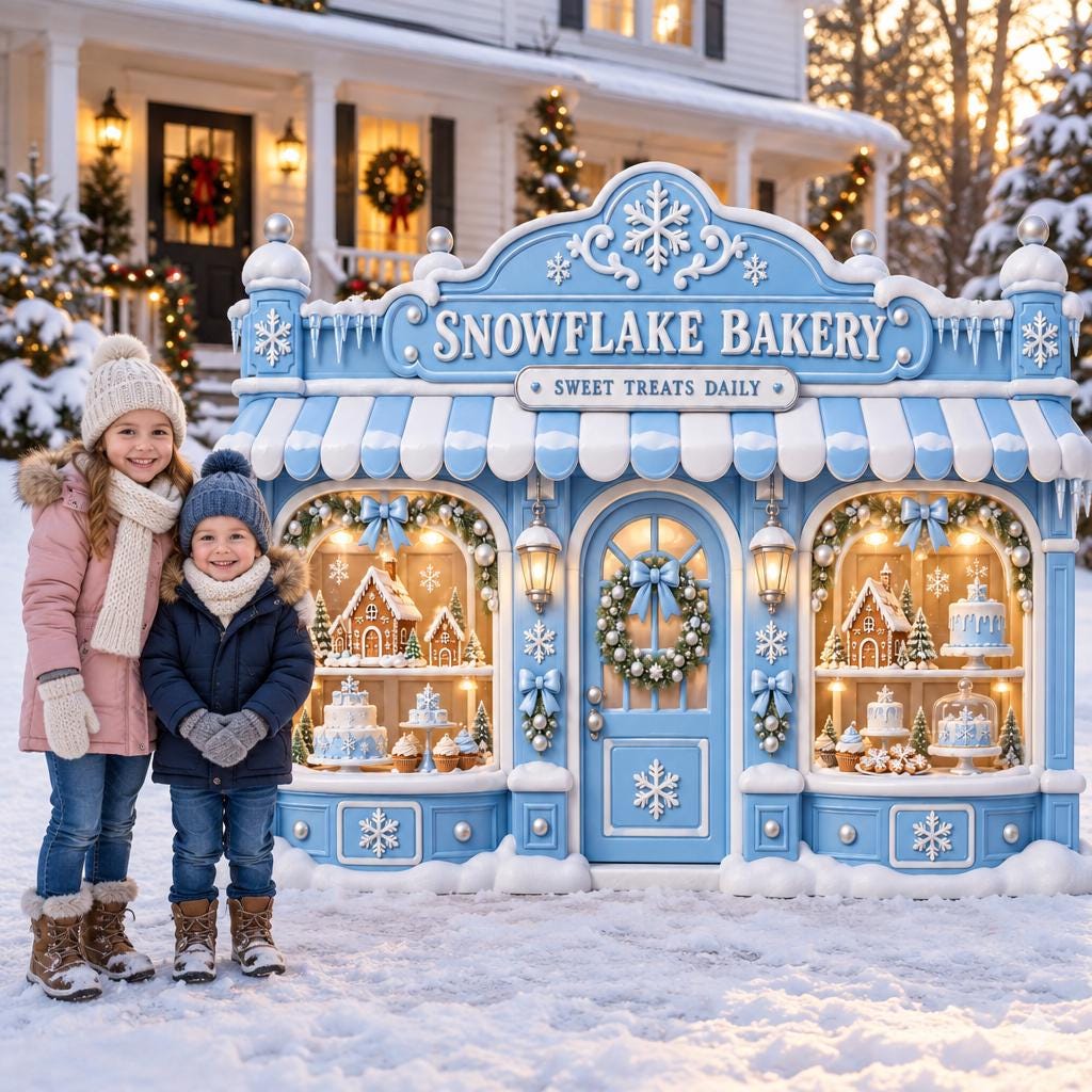 Blue Snowflake Bakery Storefront Backdrop