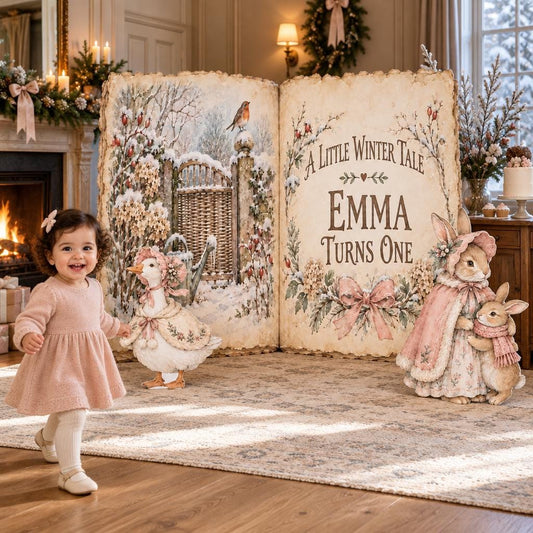 Pink Winter Storybook Open Book Backdrop