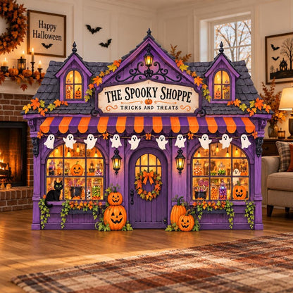 Purple Spooky Shoppe Halloween Backdrop