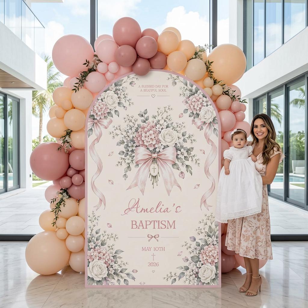 Beige Ribbon Bouquet Baptism Arch
