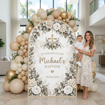 Mauve Hydrangea Gold Cross Baptism Arch