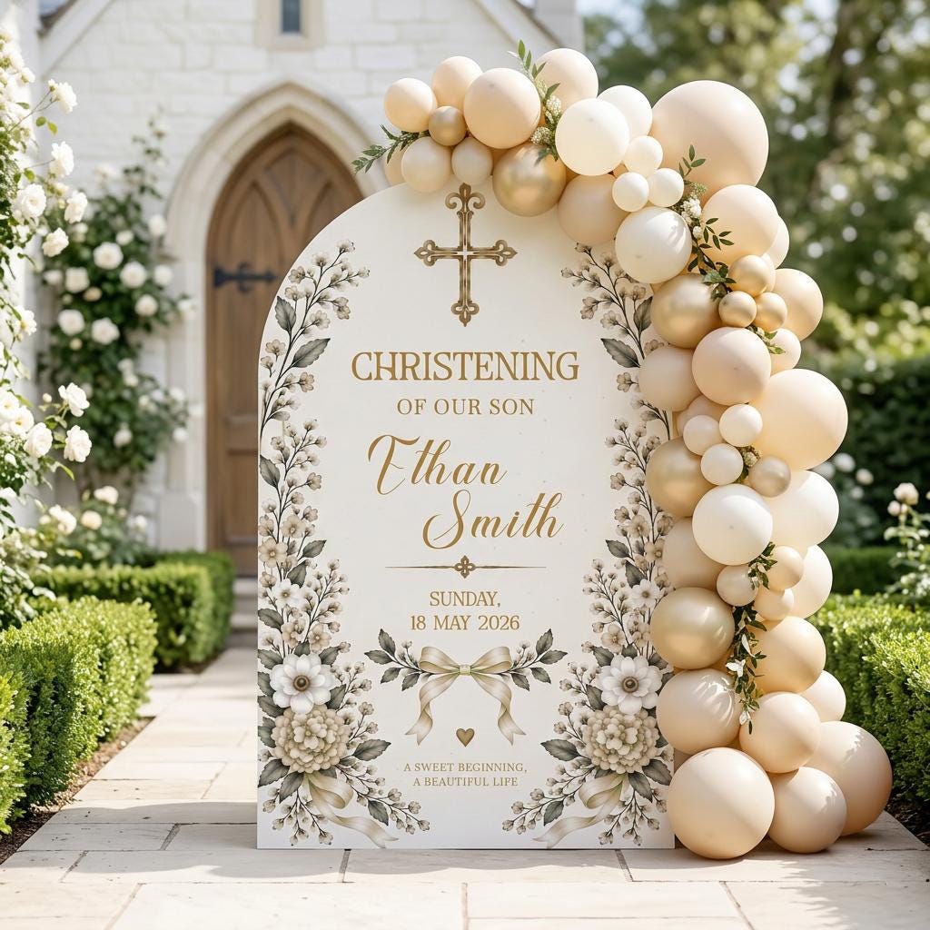 Blue Floral Gold Cross Christening Arch