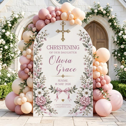 Blue Floral Gold Cross Christening Arch