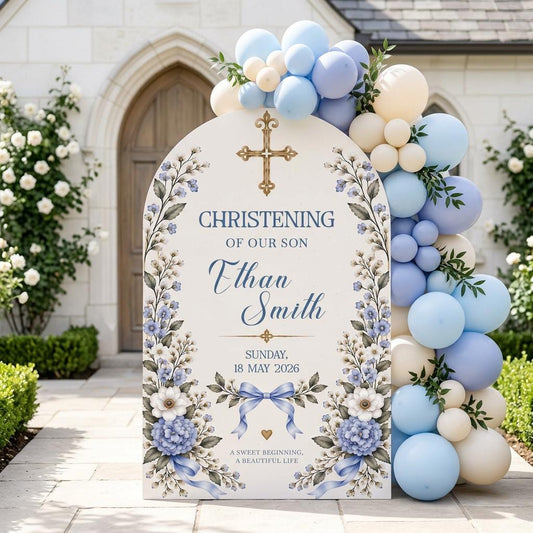 Blue Floral Gold Cross Christening Arch