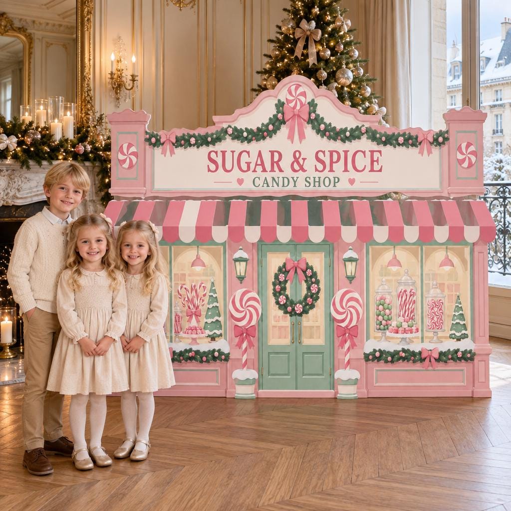 Pink Christmas Candy Shop Storefront Backdrop
