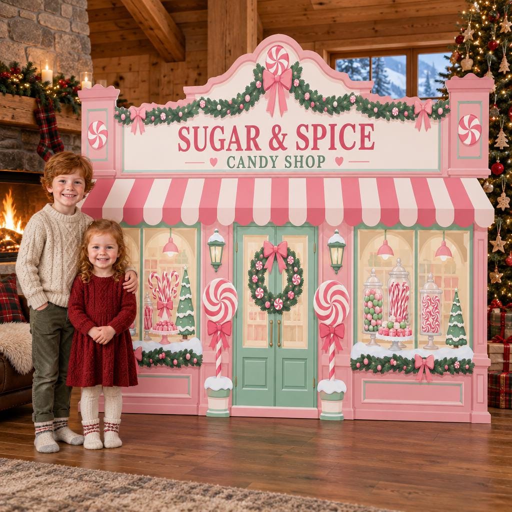 Pink Christmas Candy Shop Storefront Backdrop
