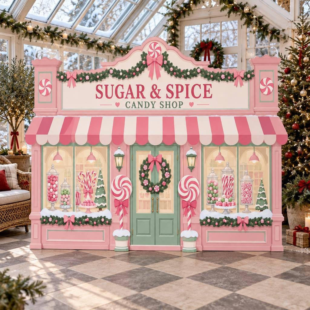 Pink Christmas Candy Shop Storefront Backdrop