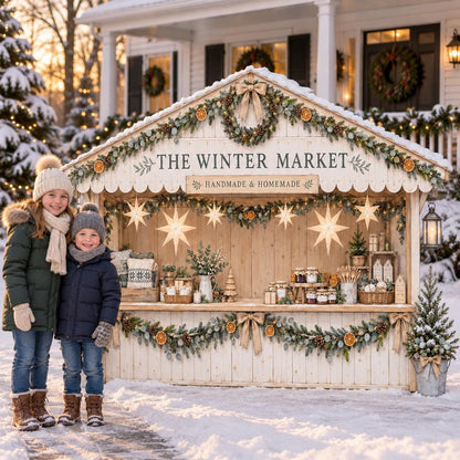 Snowy Winter Market Stall Backdrop