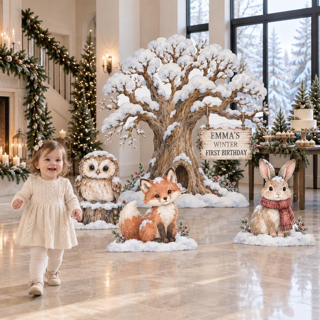 Snowy Oak Tree Woodland Animals Set