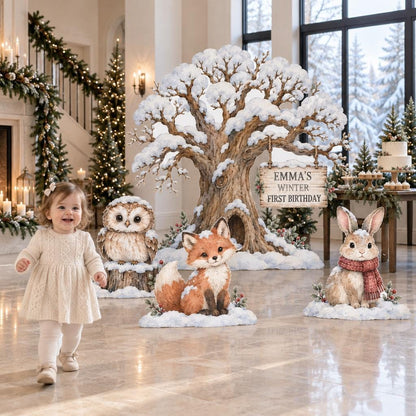 Snowy Oak Tree Woodland Animals Set