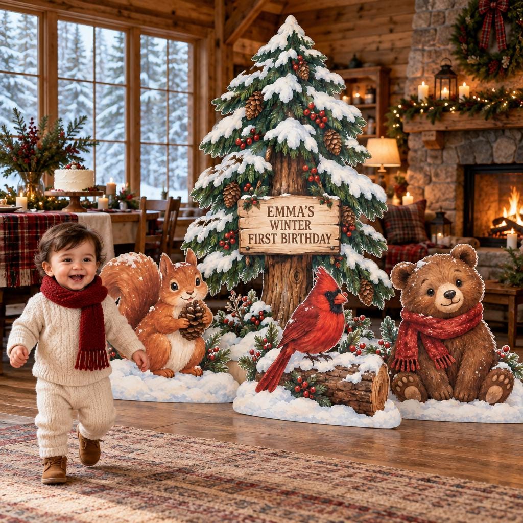 Snowy Pine Cardinal Bear Cutouts Set