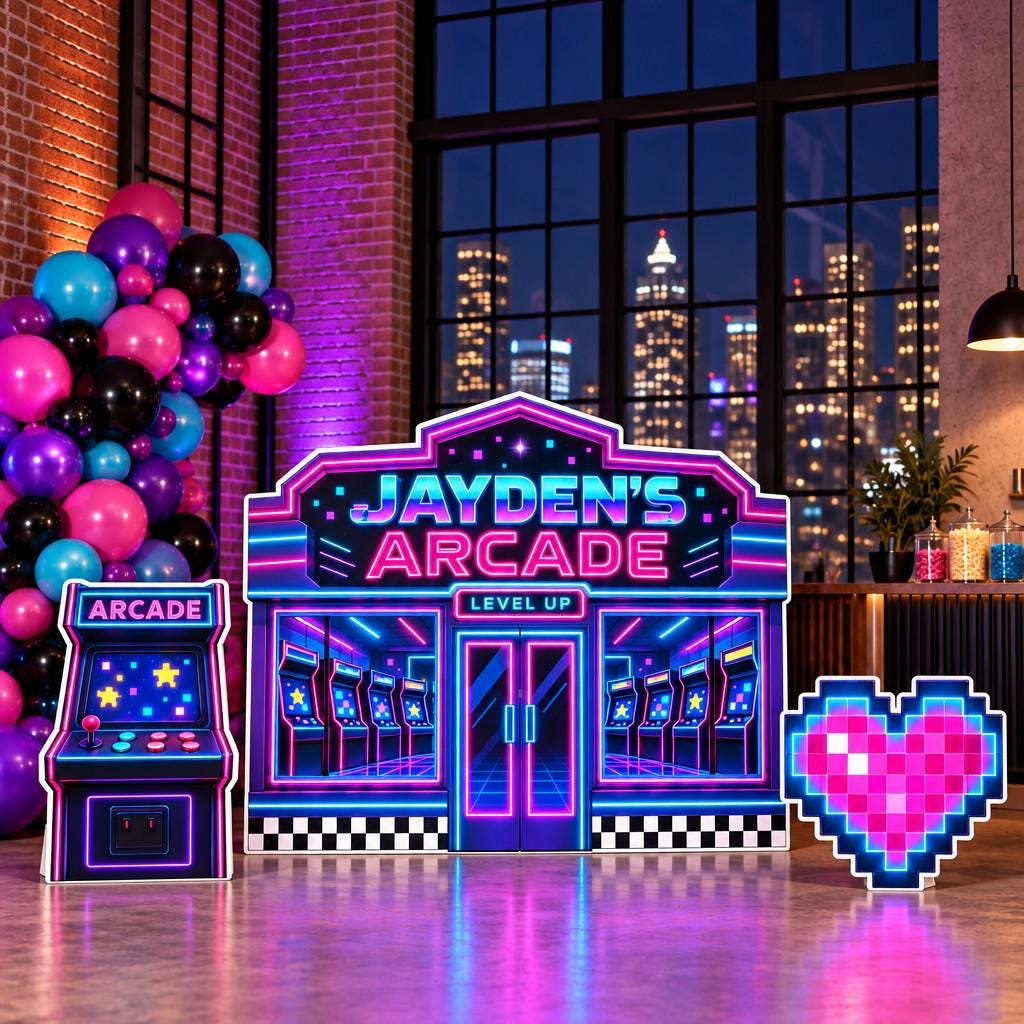 Neon Retro Arcade Storefront Backdrop Set