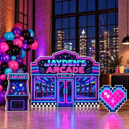 Neon Retro Arcade Storefront Backdrop Set