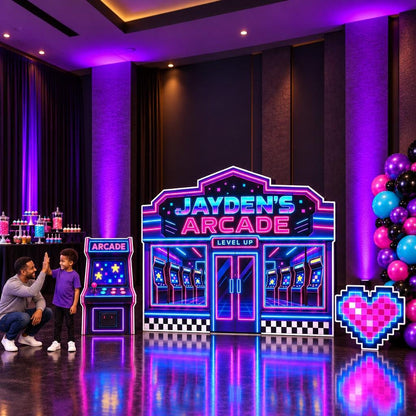 Neon Retro Arcade Storefront Backdrop Set