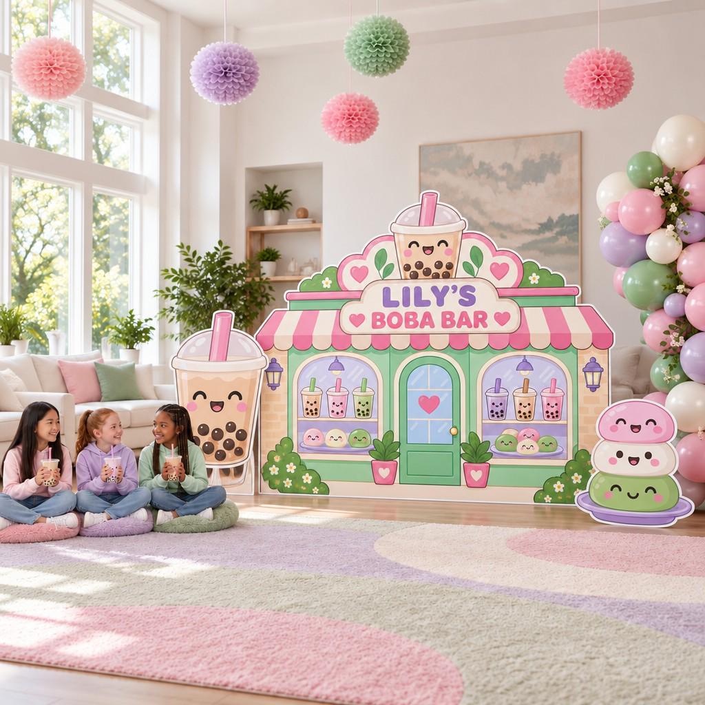 Pastel Kawaii Boba Shop Backdrop Set