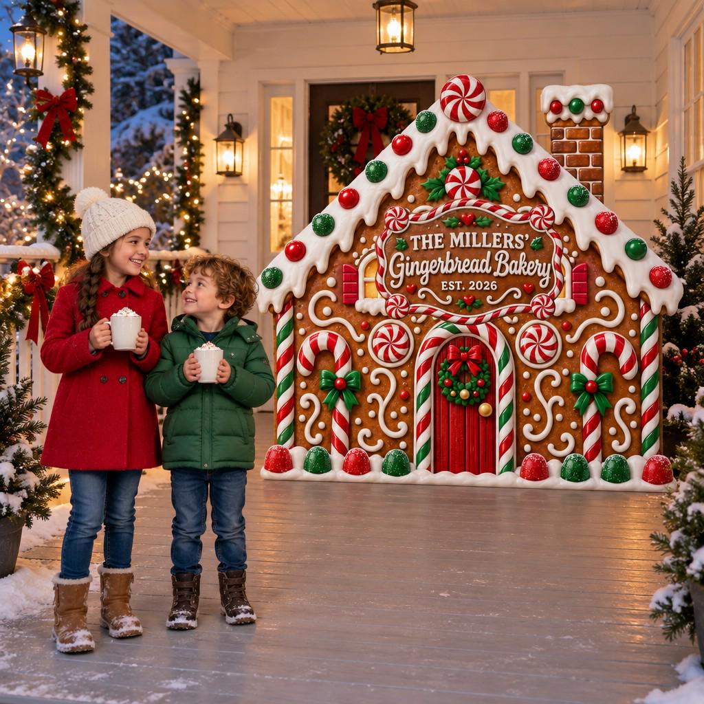 Blue Frosted Gingerbread House Backdrop