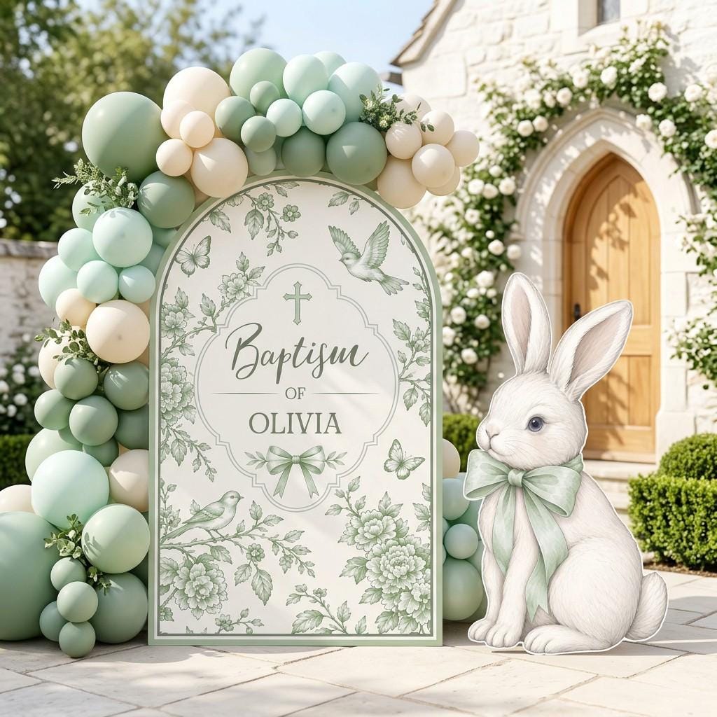 Sage Toile Bunny Baptism Arch Set