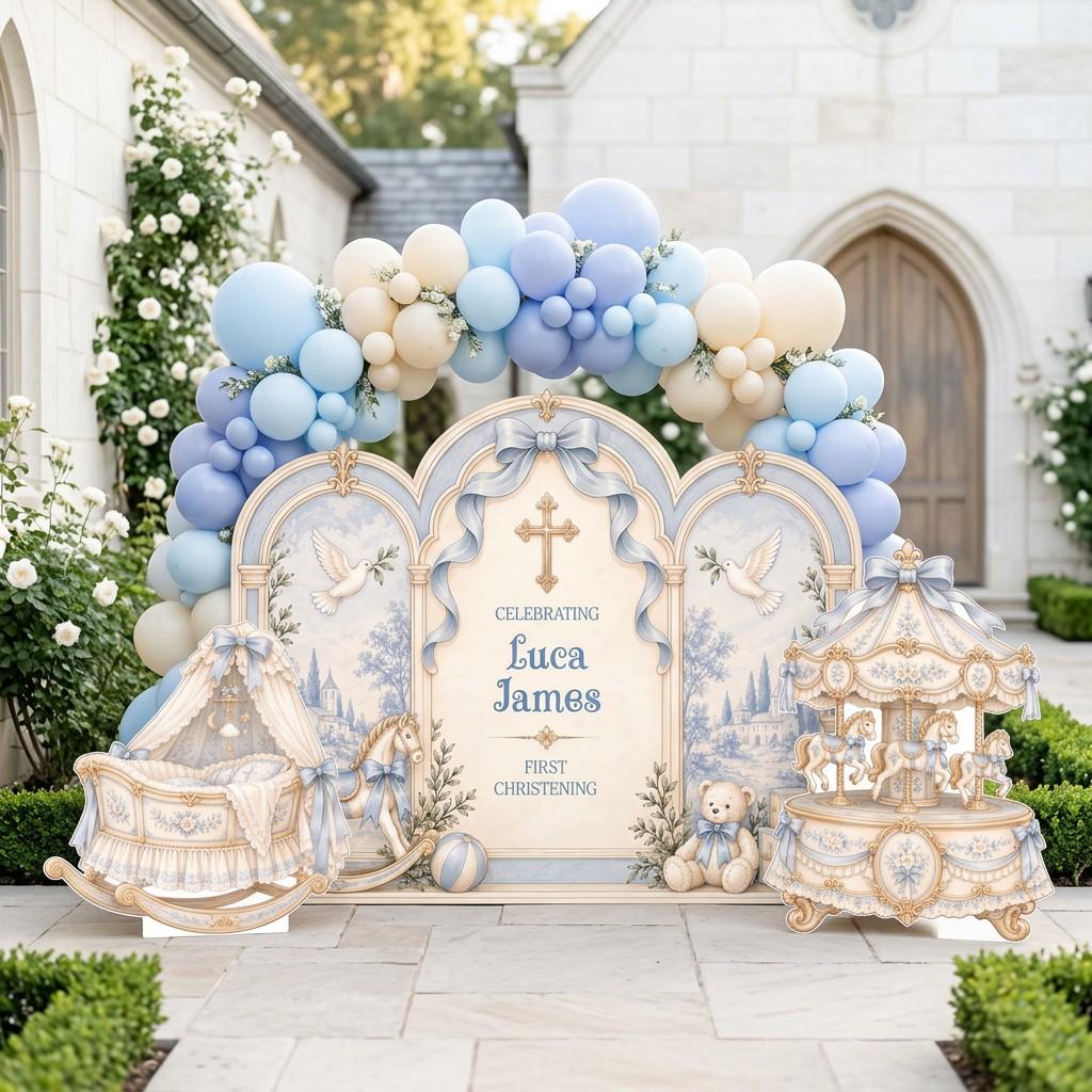 Blue Toile Carousel Cradle Christening Set