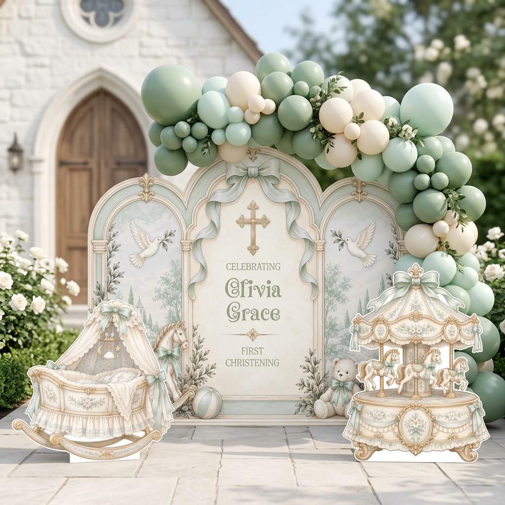 Blue Toile Carousel Cradle Christening Set