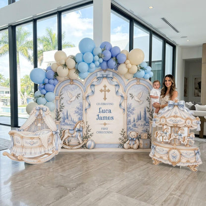 Blue Toile Carousel Cradle Christening Set